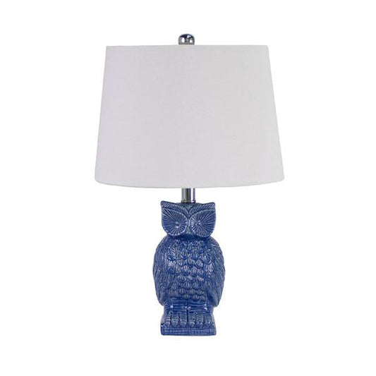2 Blue Owl Bedside Lamp Mid Blue Gloss Ceramic With Shade
